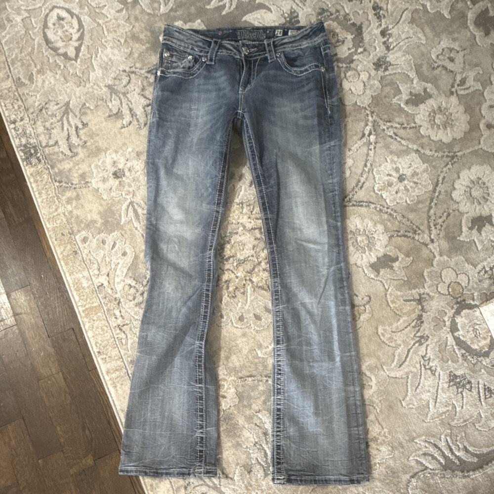 Y2K Miss Me Women’s Bootcut Jeans Blue Light Wash Mid Rise Rhinestone Bling
